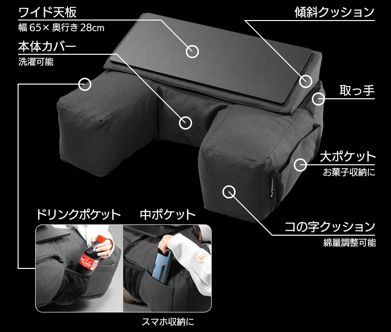 膝のうえにゲーミングノートPCとマウスを広げてだらだら過ごせる天板付きひざ上クッションが発売_015