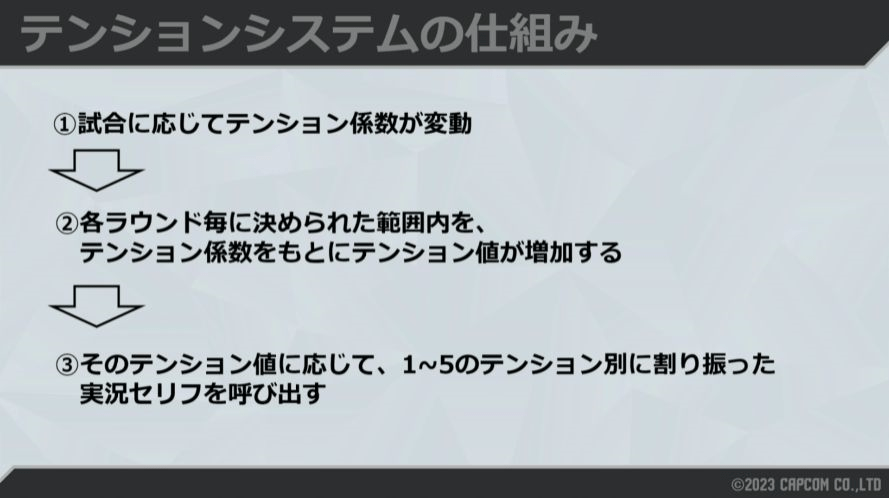 『スト6』“自動実況”のカギは試合の盛り上がりを数値化する「テンションシステム」。約4000種類のセリフの出現バランスはスタッフが「とにかく人力」で調整…!?【CEDEC2023】_011