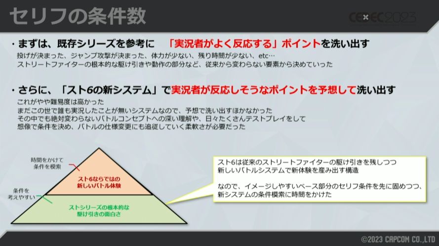 『スト6』“自動実況”のカギは試合の盛り上がりを数値化する「テンションシステム」。約4000種類のセリフの出現バランスはスタッフが「とにかく人力」で調整…!?【CEDEC2023】_006