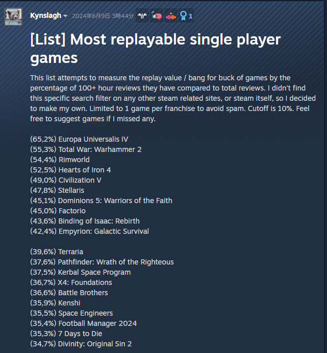 「Steam総レビュー数における100時間以上のレビュー数の割合」に注目したreddit投稿が話題_001