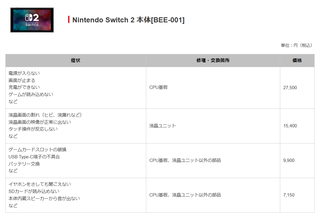 「Nintendo Switch 2(ニンテンドースイッチ2)」のサポートサイトが公開。修理の際の参考価格も明らかに_001