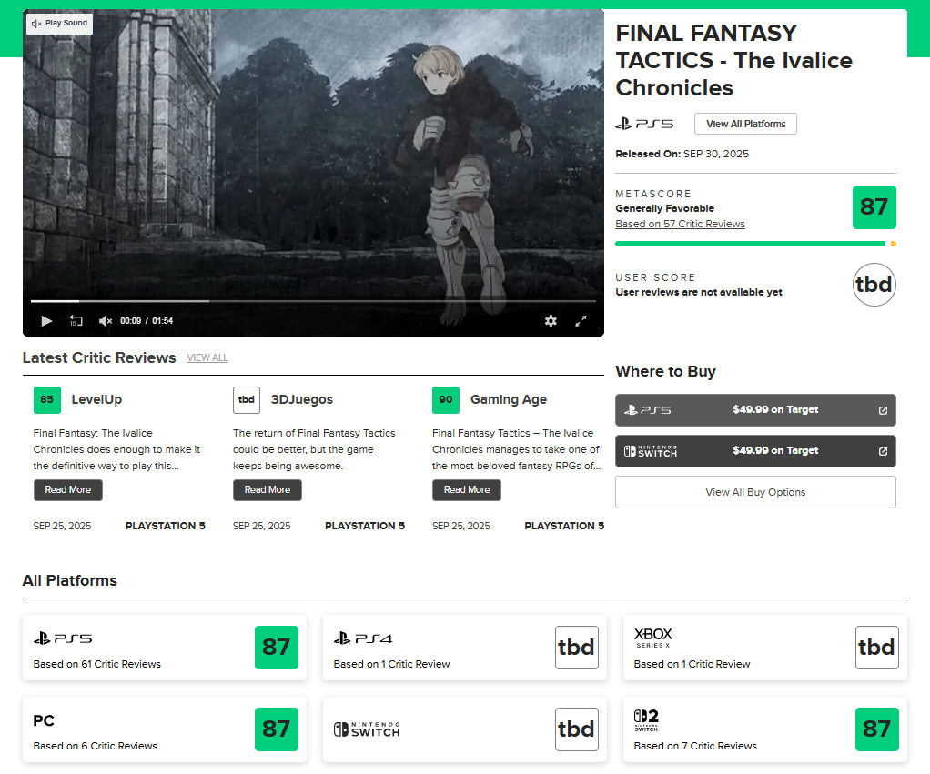 『FFT』決定版『FFタクティクス - イヴァリース クロニクルズ』海外メタスコア平均「87/100」を獲得_001
