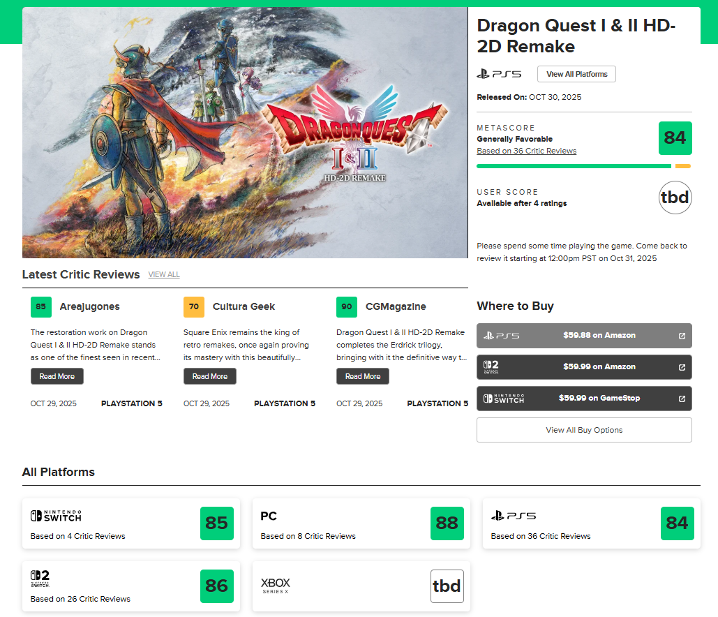 『ドラゴンクエスト I&II』HD-2D版が海外メタスコア平均「84/100」を獲得_001