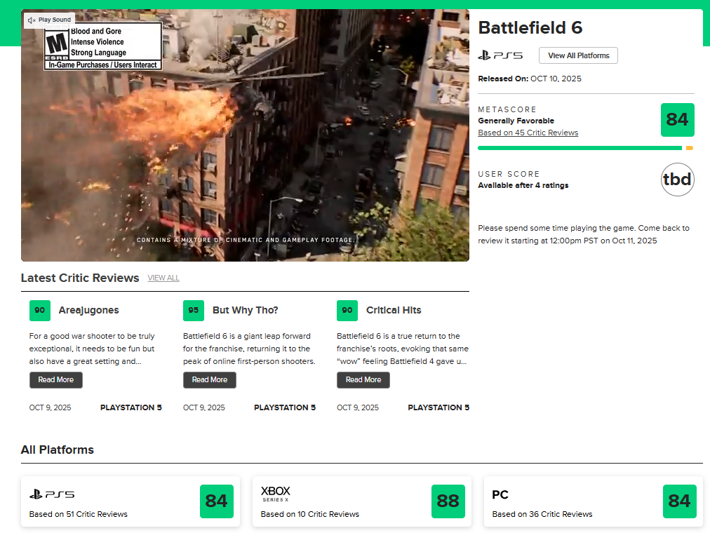『バトルフィールド6』海外メタスコア平均「84/100」を獲得_001