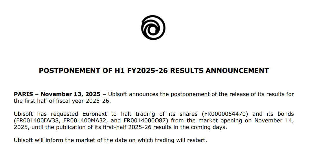 Ubisoft、2025-26年度上半期決算発表を直前で延期。11月14日からの株式・債券取引も停止へ_001