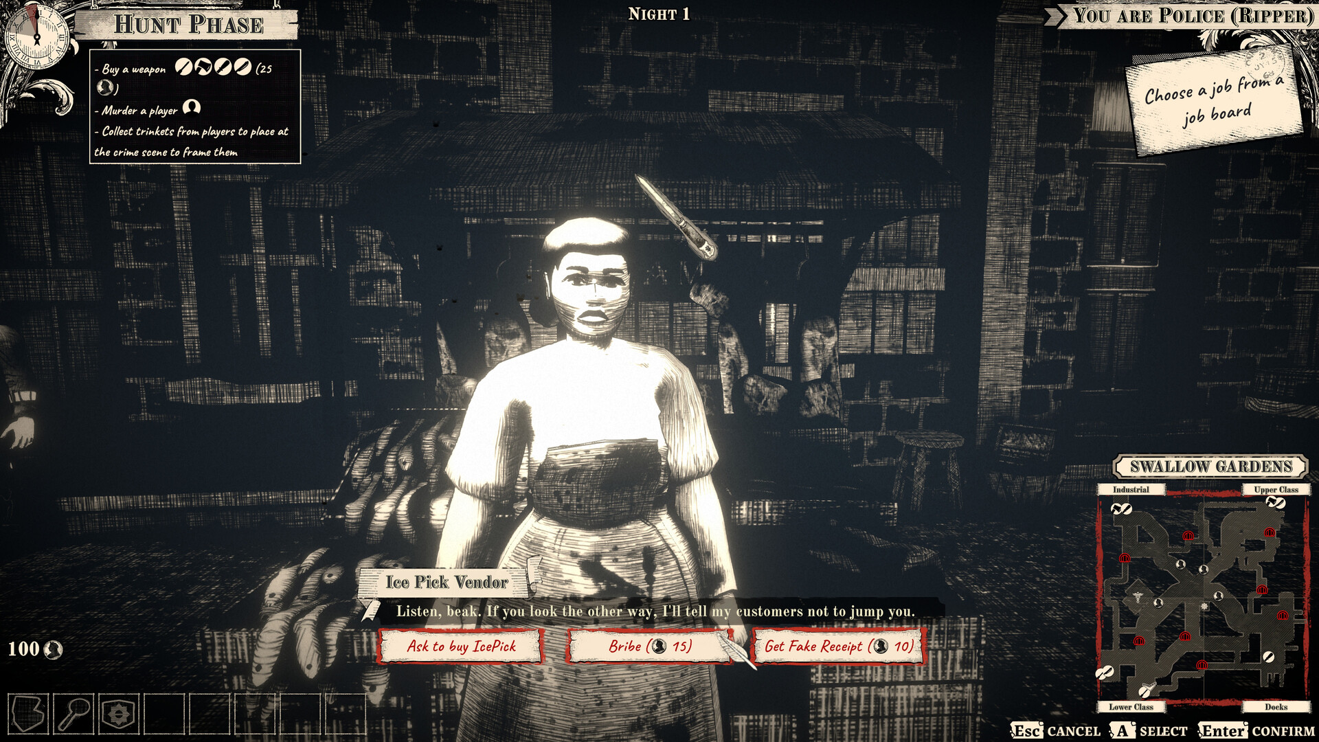 プレイヤーは「捜査フェーズ」で現場検証や聞き込みを行う。犯人はそこに嘘や偽の証拠を仕込むことができ、駆け引きが生まれる_002