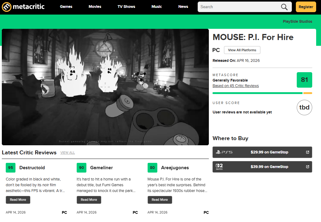 『MOUSE:やとわれの探偵』のメタスコアが平均「81/100」を記録。レトロカートゥーン世界が高評価。銃火とジャズが響くFPS_001