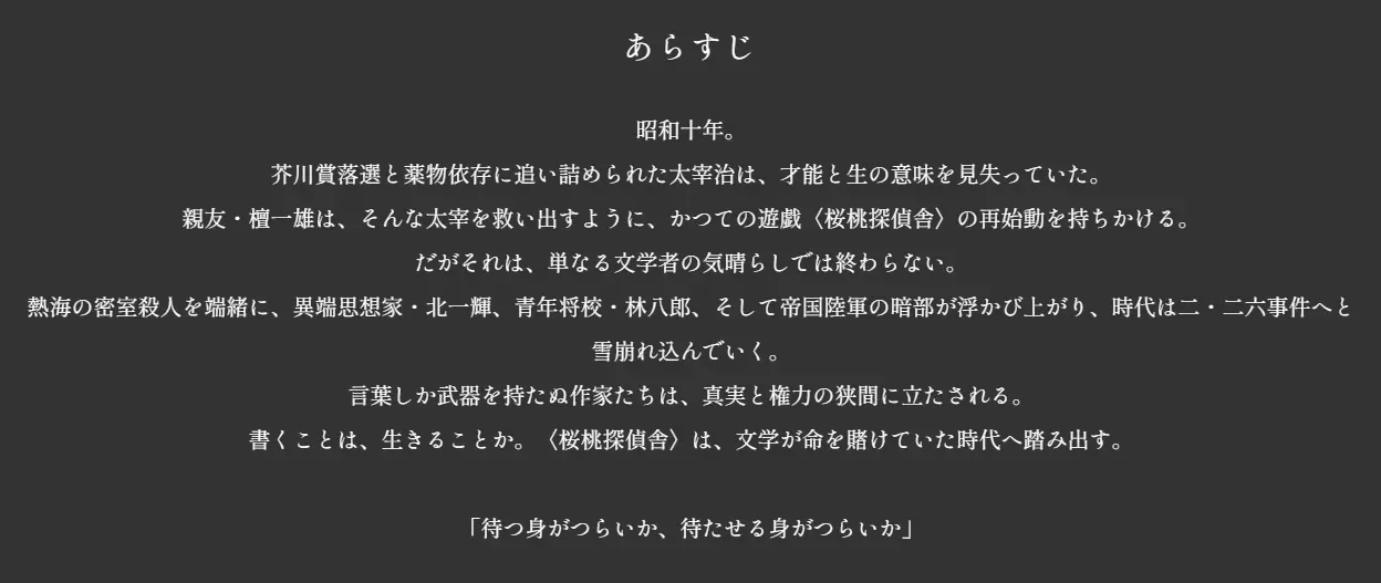『桜桃探偵舎2』小説が販売決定。薬物依存でドン底の太宰治と、親友・檀一雄が「探偵バディ」となる昭和文豪ミステリー小説_002