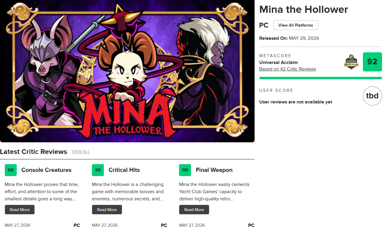 『Mina the Hollower』が海外レビューでメタクリ「92/100」記録。2026年の平均スコア1位に_001
