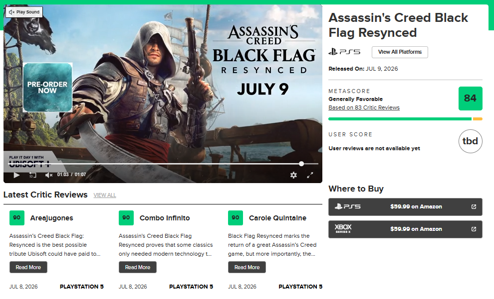 【高評価】『アサシン クリード ブラック フラッグ RE:シンクロ』海外レビューでメタクリ「84/100」を獲得_001