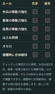 “将棋”っぽいゲーム『まるで将棋だな!』が無料公開。融合、体力制、挟んだら全部とれる、駒の移動強化も設定可能
_004